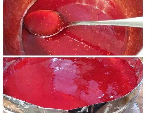 Для желейной глазури смешать все ингредиенты в ковшике и проварить 2–3 минуты (желированный сахар у меня 2:1). Остудить полностью, накрыв пищевой пленкой, чтобы не образовалась корочка. Когда желе остынет и начнет застывать, нанести его на торт и отправить опять в холодильник.