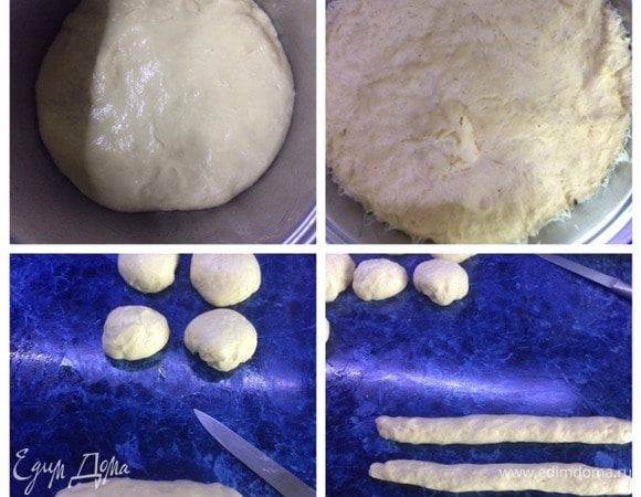 После расстойки я обмяла тесто, положила в миску, смазанную маслом, накрыла пленкой и отправила в холодильник. Но можно сразу же разделить тесто на 12 равных частей. Каждую скатать в жгут.