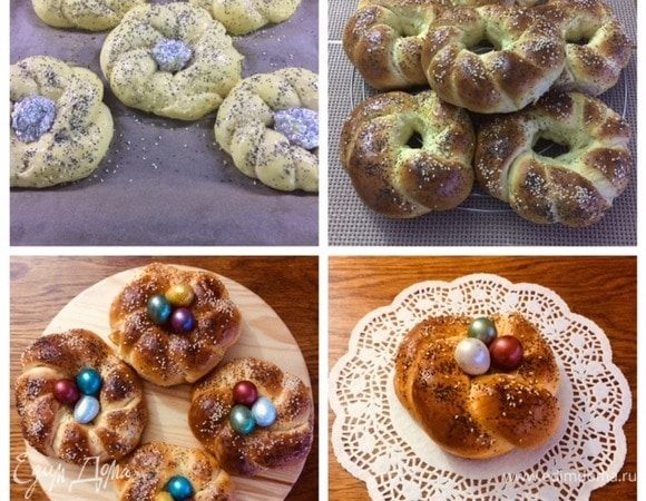 Взбиваем яйцо со столовой ложкой молока и смазываем поверхность булочек. Посыпать кунжутом или маком. В середину вложить яйцо, у меня фольга. Выпекаем при 175°C минут 20–30 до красивого румяного цвета (следим за своей духовкой). Готовые булочки остужаем на решетке.