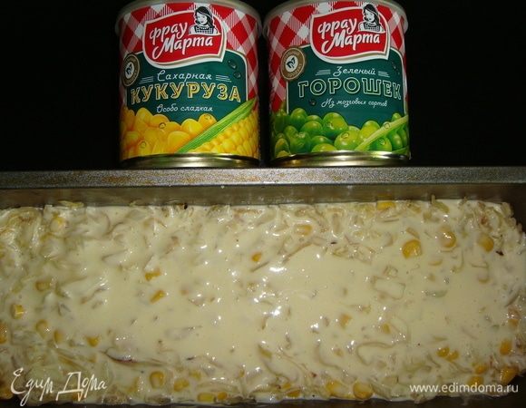 Дно формы застелить пергаментом, стенки смазать подсолнечным маслом. На дно формы налить немного теста, выложить курицу с зеленым горошком, выливаем половину теста, сверху выкладываем капусту с кукурузой и заливаем оставшимся тестом. Отправляем форму в разогретую до 190°С духовку на 30 минут. Готовый пирог остудить и вынуть из формы.
