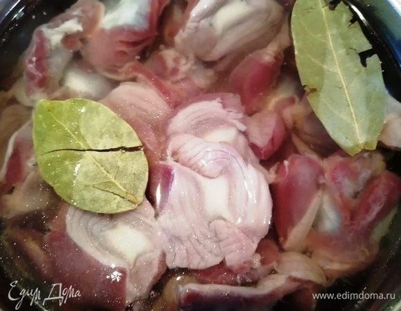 Тем временем промоем и очистим куриные желудочки, поместим их в кастрюлю с водой. Добавим лавровый лист и варим 2,5 часа. Не солим!