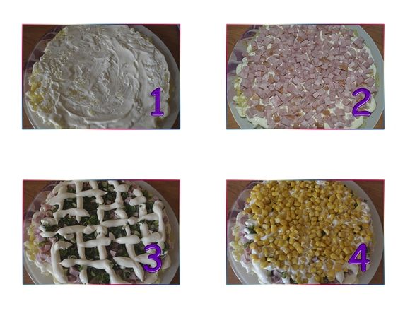 Собираем наши подготовленные продукты в салат. Первый слой — картофель, промазываем майонезом, второй — ветчина, третий — зеленый лук, делаем сеточку из майонеза. Четвертый слой — кукуруза.
