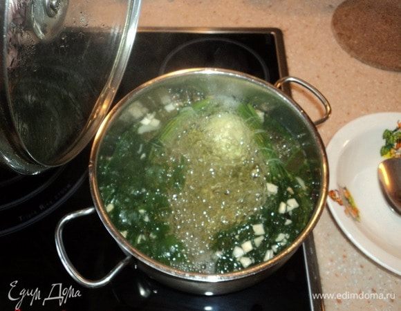 Залили водой, довели до кипения, бросили пучки зелени — укропа мало, петрушки много. Да целую луковицу репчатую.