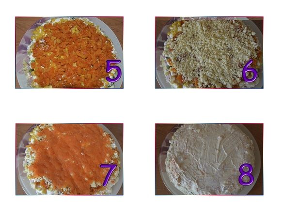 Пятый слой — курага, шестой — яичный желток, седьмой — морковь. Затем хорошо промазываем наш салат со всех сторон, для удобства майонез можно немного разбавить водой и воспользоваться кулинарной кисточкой. Завершающий слой — яичный белок. Оформляем салатик в виде полянки. Делаем травку из укропа, наполняем ее жителями. Наш салатик «В объятьях весны» готов! Всем приятного аппетита!