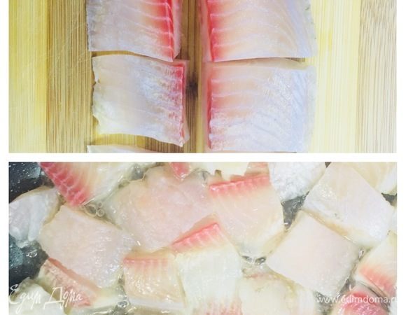 Разрезаем на кусочки, разогреваем сковороду и выкладываем на нее нашу рыбу.