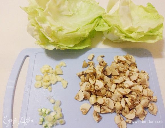 Молодую капусту моем и аккуратно разбираем на листья. Шампиньоны очищаем и нарезаем кубиком. Зеленый лук моем и нарезаем колечками только его белую часть. Чеснок нарезаем тонкими дольками.