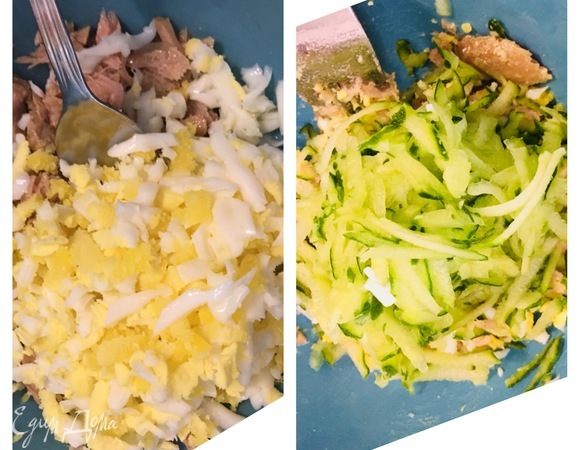 Натираем на терке вареное яйцо, свежий огурец.