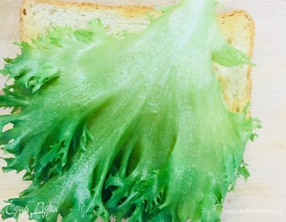 Теперь собираем бутерброд. На готовый хлеб выкладываем лист салата фриллис.