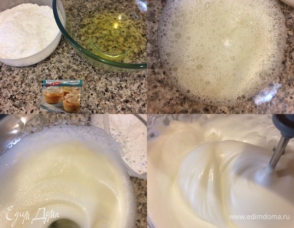 Безе: духовку нагреть до 110°C. Белки должны быть комнатной температуры. Белки слегка взбиваем до легкой пены, затем добавляем винный камень и продолжаем взбивать до пышной пены. Затем начать постепенно добавлять сахарную пудру, взбивая после каждого добавления. После того, как мы ввели всю сахарную пудру, продолжаем еще взбивать белки на высокой скорости 3–5 мин. Масса должна стать глянцевой и стойкой.