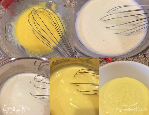 Крем: в миске смешать два больших желтка с сахаром, ванильным сахаром, крахмалом и мукой. Добавить теплое молоко и активно перемешать венчиком. Затем перелить в сотейник и варить, помешивая на медленном огне до загустения (до первых пузырьков). Готовый крем перелить в миску, накрыть пленкой, дать остыть при комнатной температуре, а затем отправить в холодильник на 2–3 часа. Спустя указанное время готовый крем взбить миксером.