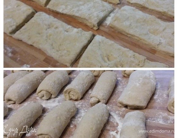 Аккуратно растянуть пальцами в прямоугольник. Разрезать на 18 одинаковых маленьких прямоугольников. Каждый скрутить в рулон и швом вниз оставить под полотенцем на 30–45 минут в теплом месте без сквозняков на расстойку.