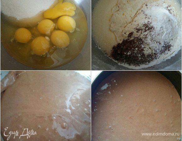 В миксере взбить яйца с сахаром добела, добавить просеянную муку, разрыхлитель, какао. Смешать до однородности миксером на небольшой скорости. Дно формы размером 26 см застелить пергаментом, вылить тесто и выпекать при 200°C 35–40 минут. Смотрите по своей духовке, проверяем готовность зубочисткой.