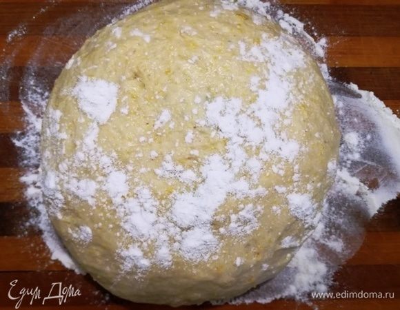 Перекладываем тесто на присыпанную мукой рабочую поверхность. Обминаем.