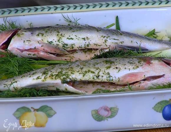 На сибасе сделать с двух сторон неглубокие надрезы и смазать тушки пряной смесью, в форму рядом с рыбой влить вино, затянуть сверху фольгой и отправить в разогретую духовку на 10 минут, затем снять фольгу и запекать рыбу еще 10 минут.