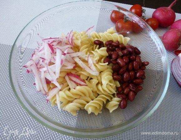 Редис и огурец режем соломкой. Все отправляем в салатник.