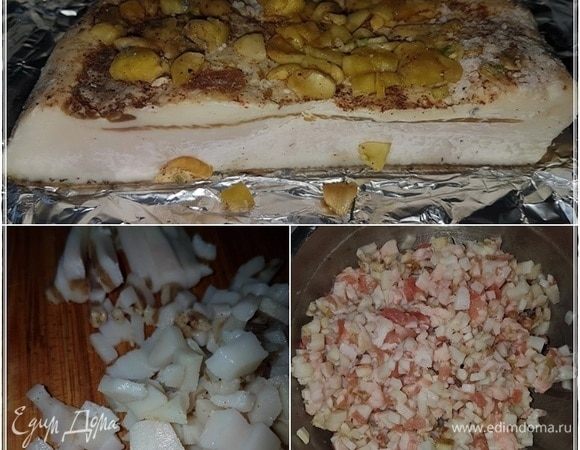 В настоящей краковской, кто еще такую помнит, присутствуют этакие крупные вкрапления жира. Тут оптимально взять свиную грудинку. У меня не нашлось столько, сколько надо по рецепту, поэтому я взял и достал кусок сала. Чеснок, конечно, в колбасу не пошел, шкурка тоже, а остальное нарезал мелкими кубиками. И, учитывая, что сало соленое (а какое оно еще бывает, если с чесноком и т. п.?), солить эту часть фарша я не стал. То есть из веса фарша, учитываемого при расчете соли, вес сала вычел. Вот и все дела. А если вернуться к требованиям ГОСТа, то хребтового шпика понадобится 20%.