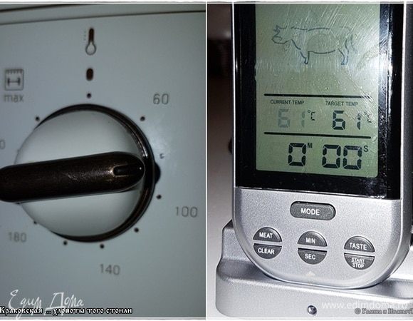 Второй шаг — обжарка. Температура в духовке чуть больше 80°C. Внутри колбасы температура должна стать 60–61°C.