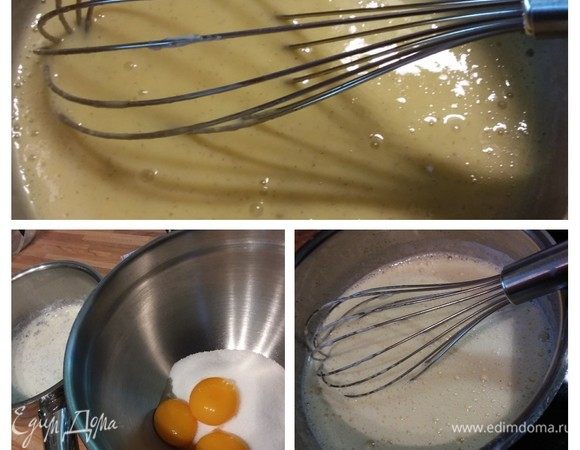 Начнем с крема, а именно с заварной его части. Обратите на него внимание, в готовом изделии никому и в голову не придёт, что он масляный. Итак, разогреть в ковшике молоко с семенами ванили. Довести почти до кипения и снять с огня. В отдельной миске растереть желтки с сахаром добела. Влить немного молока, тщательно размешать и перелить яичную смесь в горячее молоко. Во время переливания нужно постоянно помешивать венчиком, чтобы яйца не сварились. Теперь поставить ковшик на средний огонь и, постепенно разогревая и постоянно помешивая, довести до загустения крема. Это займет от 10 до 15 минут, поэтому советую взять любимую книгу в другую руку, чтобы не терять время. Консистенция у основы крема примерно кисельная. Теперь снять с огня, еще какое-то время помешивать, так как посуда горячая, затем накрыть пленкой и оставить охлаждаться.