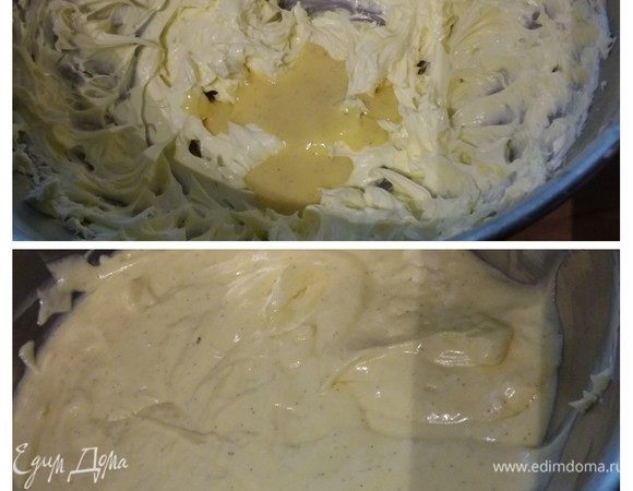Когда заварная основа остыла, можно продолжить работу над кремом. Для этого нужно взбить размягченное сливочное масло до белой кремовой консистенции и добавить по ложке в яичный крем, постоянно взбивая.