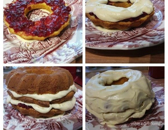 Остывший кекс разрезать на 3 коржа. Выложить первый корж на блюдо и смазать вареньем. Выложить часть крема и накрыть вторым коржом. Промазать кремом, накрыть оставшимся коржом и смазать торт по бокам. Крема много, можно не экономить, но оставить немного для розочек.