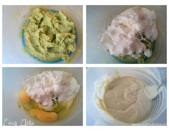 Два небольших яйца (я взвесила их, они по 50 грамм оказались). Сахара можно добавить меньше, можно больше — на любителя. Смешаем. Далее добавим муку, 10 ст. л. с небольшой горкой, разрыхлитель. Все смешаем. Тесто должно быть такой консистенции, чтобы с ложки оно не стекало, а падало лепешечкой. В общем, не жидкое и не очень густое. Все готово.