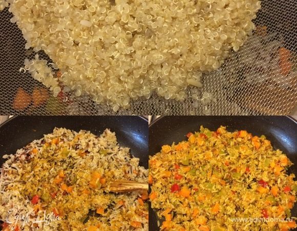 Соль, перец, карри, перемешиваем, ждем минутку или две пока рис и киноа впитают ароматы овощей и карри, снимаем с огня.