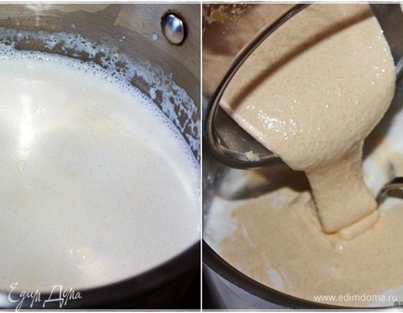 Разогреваем сливки. До первым булек, т.е. приводим их в состояние предзакипания. Как эти бульки возникнут, то ковшик со сливками с огня снимаем и ставим остужаться. Иногда помешивая. В остывшие сливки (можно допустить температуру чуть выше температуры тела) выкладываем эту самую желтково-сахарную смесь.