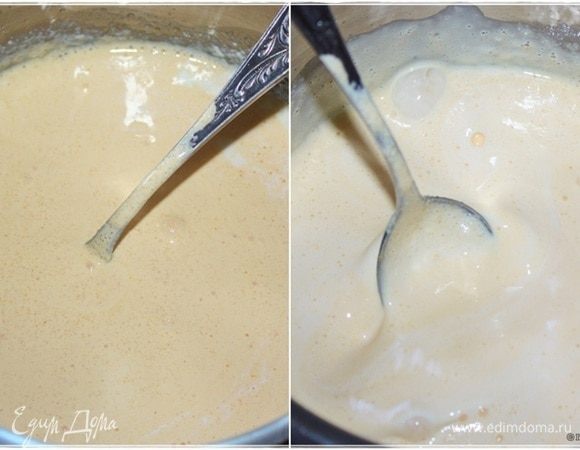 И очень хорошо тщательно перемешать. До однородного состояния. И снова кастрюльку возвращаем на огонь. Постоянно (!) деликатно помешивая, доводим опять-таки до того самого состояния предзакипания и снимаем с огня. Пусть остужается. Мой вам настоятельный и добрый совет. Первые минут десять, пока будет остужаться, помешивайте периодически. Почаще. Во избежание свертывания желтков.