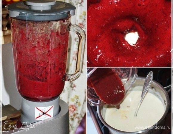 Вишню отправляем в блендер. И жужжим усердно. Размалывая ягоды в состояние сока с мякотью. Правда, скажу вам по секрету, мякоти там особой не образуется. Если, конечно, блендер у вас хороший. Затем это пюре, или сок, или «взблендернувшую» вишню — как вам угодно, выкладываем в сливочно-желтково-сахарную основу.