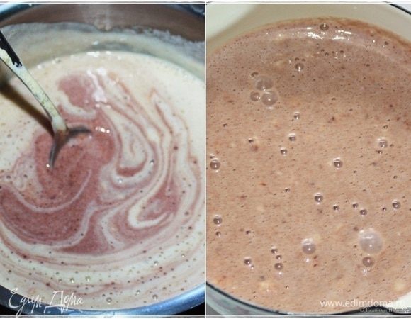 И тщательно перемешиваем. Пока ложкой работаем, замечу, что гурманы, привыкшие к гладкому и однообразному, могут вишню «взблендернувшую» пропустить через сито. Среднееячеистое. Дабы исключить попадание в продукт мелких кусочков шкурки вишневой и т.п. кусочков, которые, сколько ни крути, а останутся. Я не стал. Все эти частичку особых беспокойств не доставляют, а некоторый, в общем, мне так больше нравится. Я потом смесь перелил в ковшик с носиком. Зачем? А расскажу сейчас.