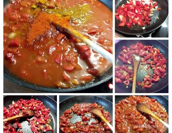 Шашлычки обжарены, займемся соусом. В ту же сковородку выложить остатки перцев, лука и мелко рубленый чеснок. Обжарить минуту, всыпать сахар и обжарить еще минуту. Выложить томат, обжарить еще минуту. Влить вино, дать выпариться алкоголю (минуту) и добавить помидоры в собственном соку, предварительно их измельчив. Влить воду или пассату или томатный сок. Добавить порошок карри, порошок сладкой красной паприки и острый перец чили. Посолить и поперчить по вкусу. Проверить, чего не хватает. Я добавила еще немного сахара и немного порошка карри. Довести до кипения. Снять с огня.