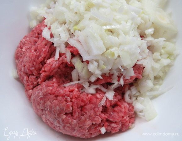 Репчатый лук мелко нарезать, добавить в фарш.