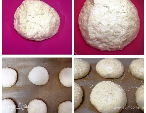 Замешиваем мягкое тесто. Оно должно немного липнуть к рукам. Накрываем миску крышкой и оставляем тесто на 30–50 минут. Через указанное время тесто довольно сильно увеличится в размере. Обминаем его и делаем одинаковые круглые заготовки булочек. Оставляем для расстойки на 10 минут. По желанию, смазываем поверхность булочек желтком и посыпаем кунжутом. Отправляем в духовку . Температура — 190⁰С, время выпечки — 20 минут.