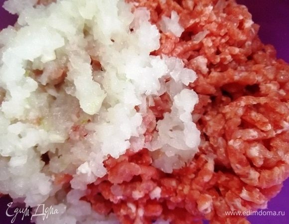 Свинину и лук измельчаем с помощью мясорубки. Добавляем указанные специи и перемешиваем. Начинка готова.