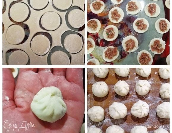 Раскатываем тесто очень тонко, вырезаем одинаковые заготовки (размер чуть меньше, чем на пельмени). На каждую заготовку кладем щедрую порцию мясной начинки. Тесто очень податливое, не бойтесь, что оно порвется. Лепим маленькие вонтоны, размер уже готовых в диаметре 2 см. Работа кропотливая, но стоит того.