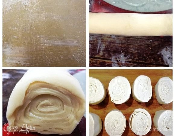 Заготовку раскатываем почти до прозрачности и смазываем кисточкой очень тонким слоем сливочного масла. Раскатываем следующую заготовку, укладываем на предыдущую и также смазываем тонким слоем масла. Повторяем со всеми 4 заготовками. Сворачиваем наши слои теста в плотный рулет. Убираем на 10 минут в морозильную камеру, чтобы масло слегка схватилось. Нарезаем рулет на равные кусочки.