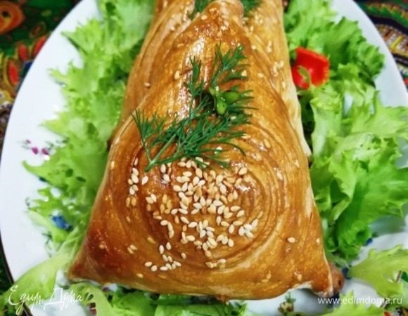 Вот такие красавицы у нас получились. Подаем их с чаем или молоком, но вкуснее всего с бульоном. К самсе можно подать томатный соус или свежий салат. Я подаю салат из огурца, яблока, болгарского перца, лука, укропа. Заправляю салат нерафинированным подсолнечным маслом.