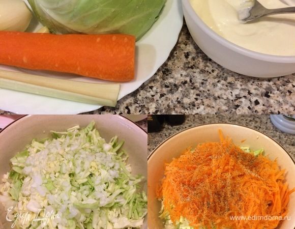 Молодую капусту тонко нашинковать, положить в миску, посыпать солью и слегка помять рукой. Морковь натереть на крупной терке, чеснок, лук и сельдерей мелко нарезать. К капусте добавить морковь, чеснок, лук, сельдерей, перец и перемешать.