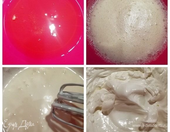 Начнем с приготовления безе. Возьмем 4 белка и 1 щепотку соли, слегка взобьем их до получения пенки. Добавим щепотку лимонной кислоты и ванилин. Постоянно взбивая, добавляем небольшими порциями сахарную пудру. На приготовление безе у меня ушло около 10 минут. Масса должна быть взбита до устойчивых пиков, оставаться на месте и держать форму при переворачивании миски.