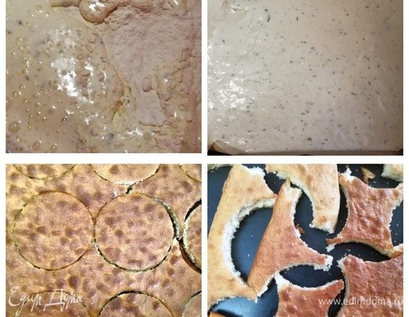 С помощью деревянной лопатки подмешиваем к тесту просеянную муку. Духовку разогреваем до 200°C. На противень выкладываем пергамент для выпечки, смазываем его растительным маслом. Выливаем тесто на противень. Бисквит выпекаем 20 минут. Остужаем и вырезаем из него круглые заготовки. Остатки бисквита ставим обратно в духовку на 5–7 минут. Он должен подсохнуть.