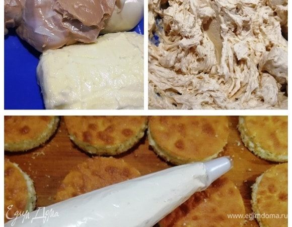 Делаем крем. Смешиваем масло комнатной температуры со сгущенным и вареным сгущенным молоком. Перекладываем в кондитерский мешок.