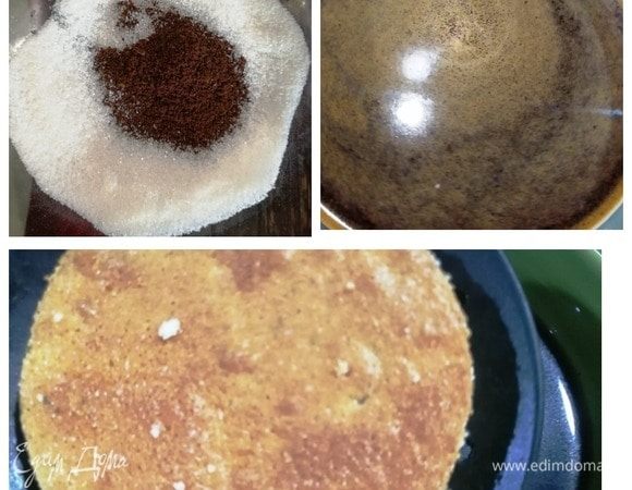 Я пропитывала бисквит сладким кофе. Но, думаю, пропитка из ликера была бы в этом пирожном уместна. Заливаем качественный кофе и сахар кипятком, остужаем. Выкладываем кружок бисквита на шумовку, быстро опускаем и достаем из кофе. Слегка надавливаем на бисквит, чтобы убрать излишки жидкости.