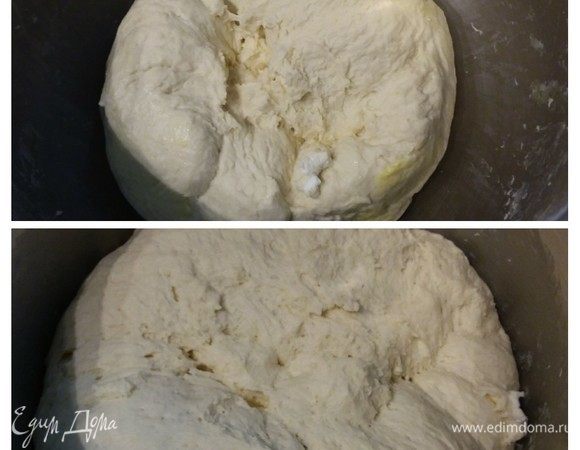 Дрожжи и сахар развести в теплой воде. Накрыть и дать дрожжам 10 минут для активации. Теперь, когда появилась характерная шапочка, можно продолжить работу. В чашу комбайна просеять муку, добавить яйцо, творог (у меня мягкий и уже отвешенный через марлю), размягченное сливочное масло, соль. Замесить гладкое эластичное тесто. Чашу комбайна накрыть пленкой и оставить в теплом месте на расстойку на 1–1,30 часа.