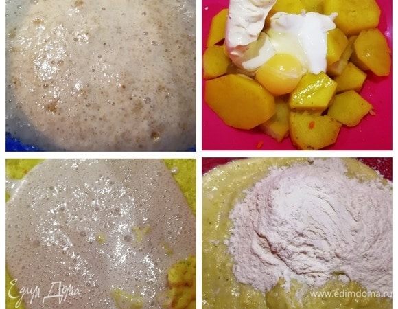 Готовим пончики. Картофель режем тонкими кольцами (чтобы быстро сварились), посыпаем любимыми специями. Я добавляю перец, паприку, куркуму, соль и лавровый лист. Заливаем кипятком и отвариваем. На это уйдет не больше 15 минут. Пока варится картофель, разводим в теплом кефире дрожжи. В горячий картофель добавляем холодный плавленный сыр, холодную сметану и яйцо. Разминаем толкушкой до однородности. Пробуем на соль, подсаливаем при необходимости. Так как мы все добавляли холодное, то картофель стал комнатной температуры. Добавляем к пюре подошедшие дрожжи, перемешиваем и постепенно добавляем муку.