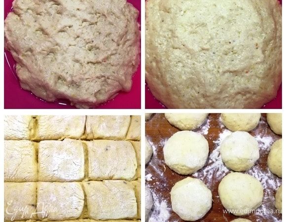 Я добавляю муки не много, чтобы не забивать вкус картофеля и само тесто. Замешиваем тесто и перекладываем в чистую емкость, смазанную маслом. По фото видно, что тесто у меня жидковатое. Оставляем тесто в теплом месте на 30 минут. Оно хорошо увеличится в объеме за это время. Обминаем тесто, перекладываем на присыпанную мукой рабочую поверхность. Вытягиваем в прямоугольник и нарезаем ножом на квадраты. Из каждого квадратика формируем круглую заготовку.