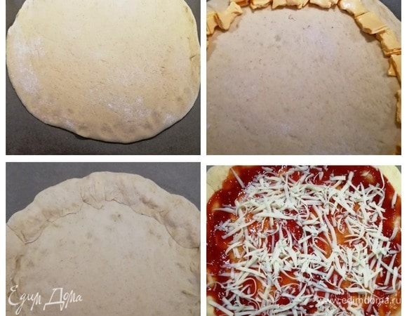 Делаем пиццу с сырным краешком. Оставшееся тесто растягиваем в круг. Пластинки плавленного сыра сворачиваем в трубочки, нарываем руками и укладываем на край пиццы. Заворачиваем края вокруг сыра, приминаем их. Центр заготовки смазываем кетчупом или томатным соусом, посыпаем моцареллой.