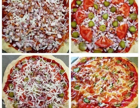 Выкладываем копченую грудинку (или колбасу), помидоры, маринованные огурчики, посыпаем немного моцареллой. Запекаем 15–20 минут в духовке при 200⁰С.