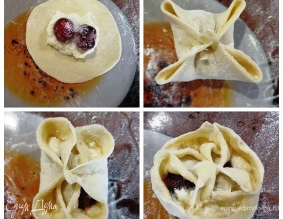 Отдохнувшее тесто тонко раскатываем и вырезаем из него небольшие аккуратные заготовки. В центр кладем кофейную ложку творожной начинки, 2 ягодки черешни и чуточку сахара. Лепим вареники, как показано на фото.