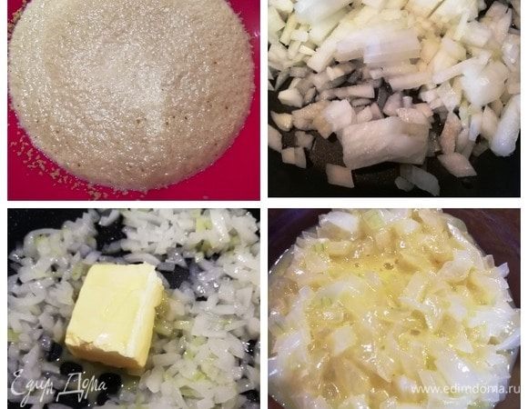 Как всегда, начинаем с теста для луковых булочек. В подогретом кефире разводим сахар и дрожжи. Накрываем емкость и оставляем на 15 минут. В сковороду наливаем немного растительного масла и выкладываем мелконарезанный репчатый лук. Обжариваем до мягкости. Снимаем лук с плиты и добавляем холодное сливочное масло. Так лук быстрее остынет. Перемешиваем до растворения масла. Луковая основа для булочек готова.