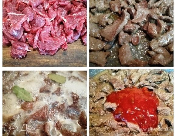 Займемся говядиной. Чуть подмороженное мясо режем небольшими тонкими пластинками. В сковороде разогреваем растительное масло. Выкладываем говядину и быстро обжариваем ее. Как только вся жидкость выпарится, добавляем воду, уменьшаем мощность конфорки до средней и, не накрывая крышкой, тушим говядину минут 20, за это время вода должна выпариться почти полностью. Добавляем соус барбекю, перемешиваем, обжариваем говядину на сильном огне 5 минут. Говядина готова!